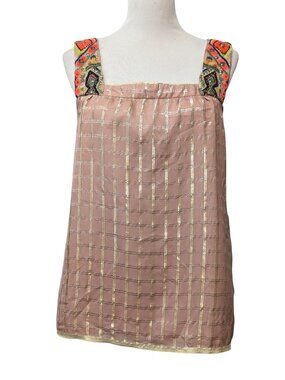 Vineet Bahl Womens Sz M Sunlight Hours Gold Metallic Plaid Embroidered Tank Top